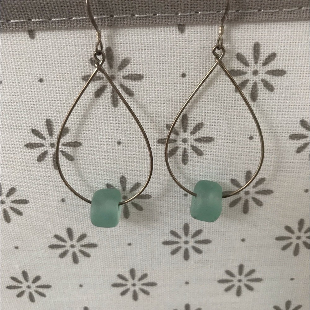 Silver Hoop Earrings w/ Turquoise Beach Glass Bead